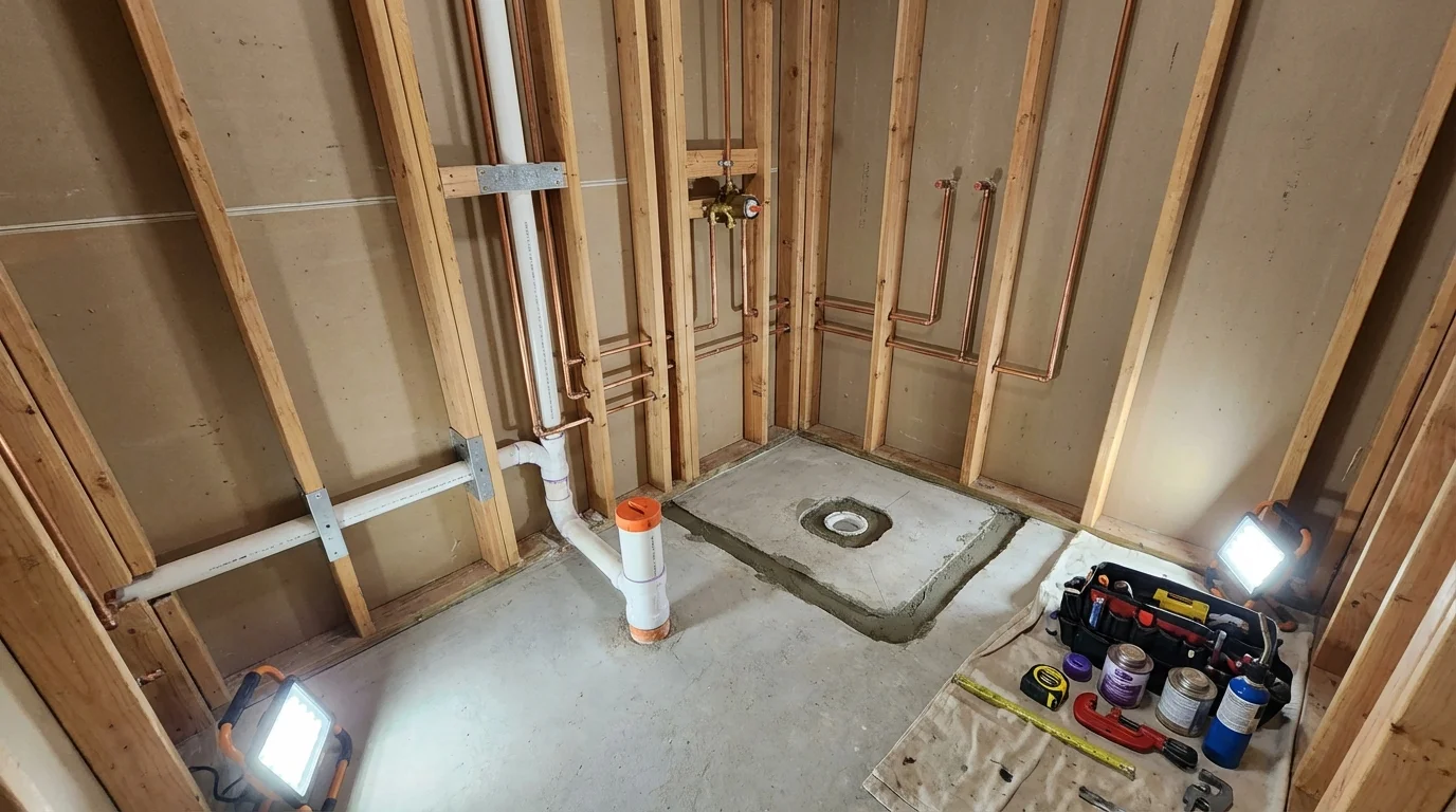 Bathroom rough-in plumbing during remodel by Johns Plumbing LLC in Hillside