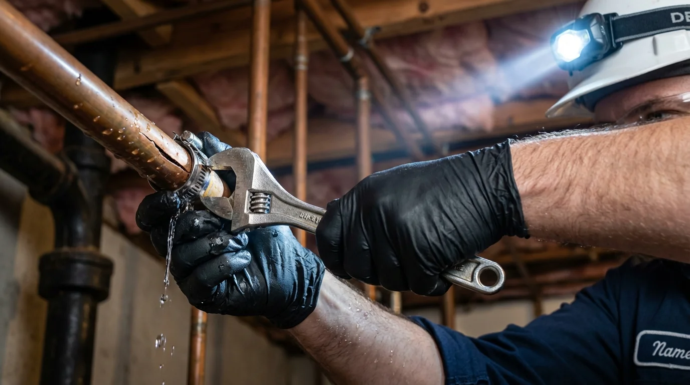 Emergency pipe clamp repair being performed by a Johns Plumbing LLC plumber in Hillside