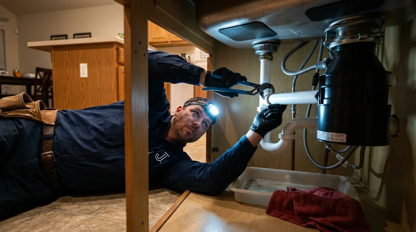 P-trap and supply line connections under a kitchen sink showing a common leak point in Hillside, NJ